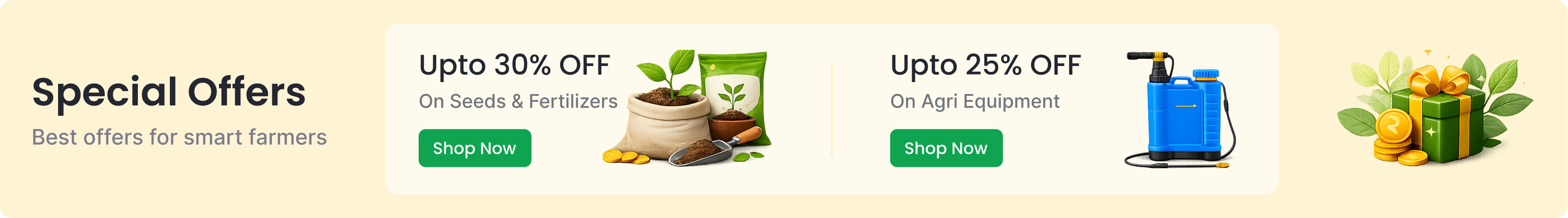 Special Offers — Up to 30% off on Seeds and Fertilizers, Up to 25% off on Agri Equipment